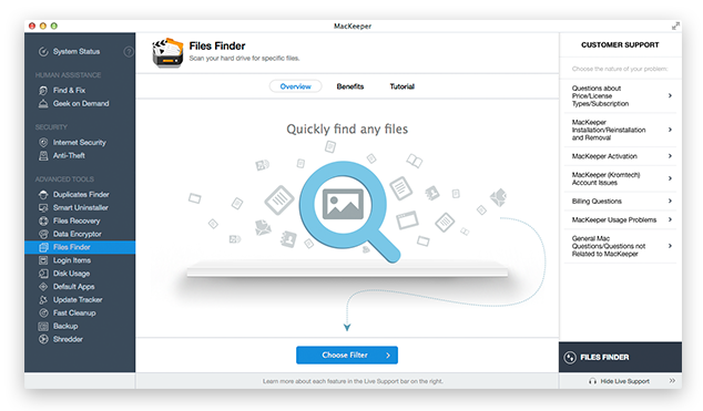 Files Finder page