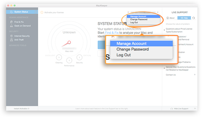 Managing Account page