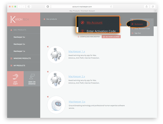Managing Account page