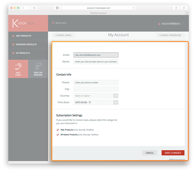 Managing Account page