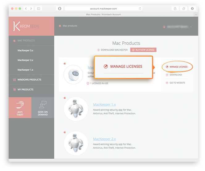 Managing Account page